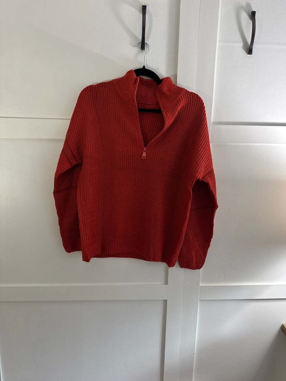 EVALESS
 Red Orange Ribbed Knit Quarter Zip Sweater
